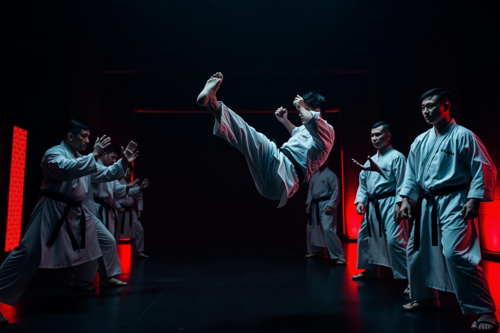 Master and students training Korean martial arts